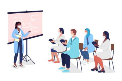 Medical tutor with students semi flat color vector characters. Diverse figures. Full body people on white. Presentation isolated modern cartoon style illustration for graphic design and animation